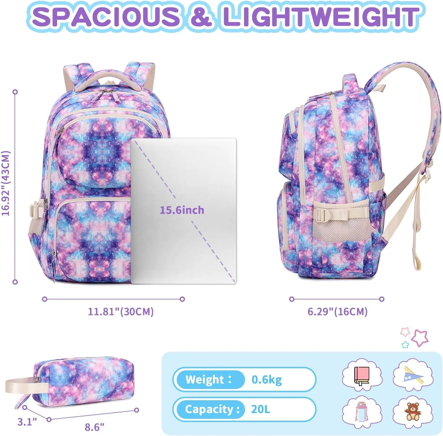 Girls backpack, School Backpacks for Kids with Pencil Case Set School Bags Kawaii Bookbag for Elementary Middle School, Age 6-12, Pink Purple Galaxy