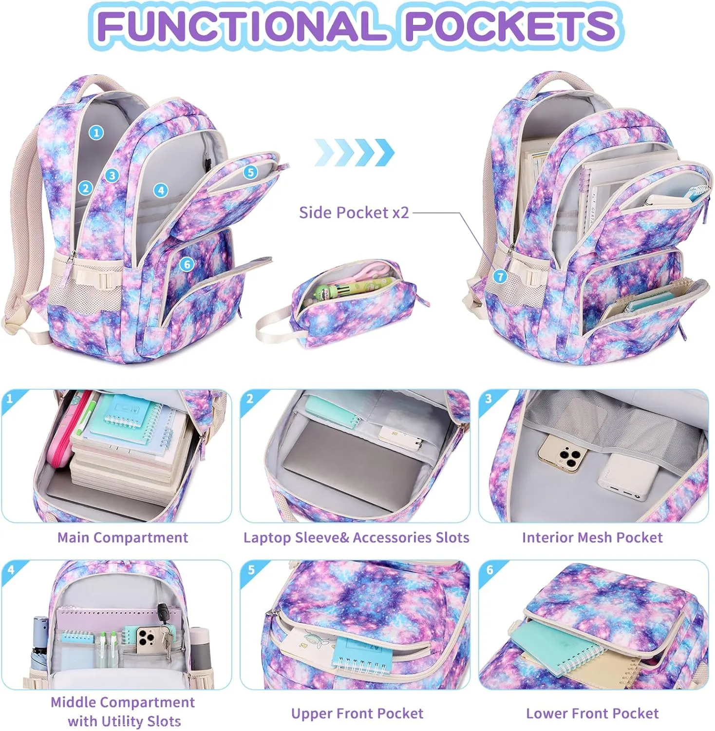 Girls backpack, School Backpacks for Kids with Pencil Case Set School Bags Kawaii Bookbag for Elementary Middle School, Age 6-12, Pink Purple Galaxy