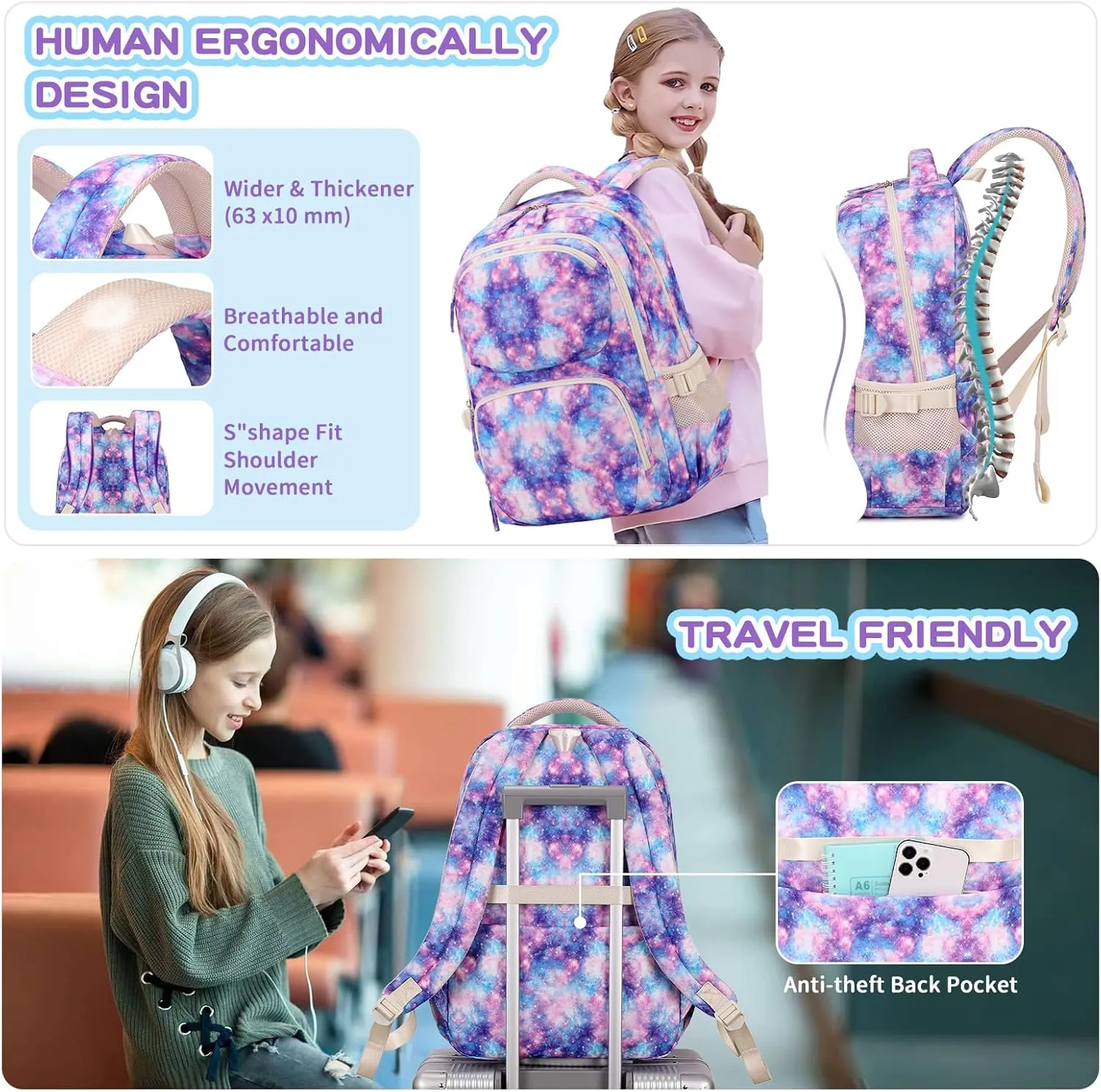 Girls backpack, School Backpacks for Kids with Pencil Case Set School Bags Kawaii Bookbag for Elementary Middle School, Age 6-12, Pink Purple Galaxy