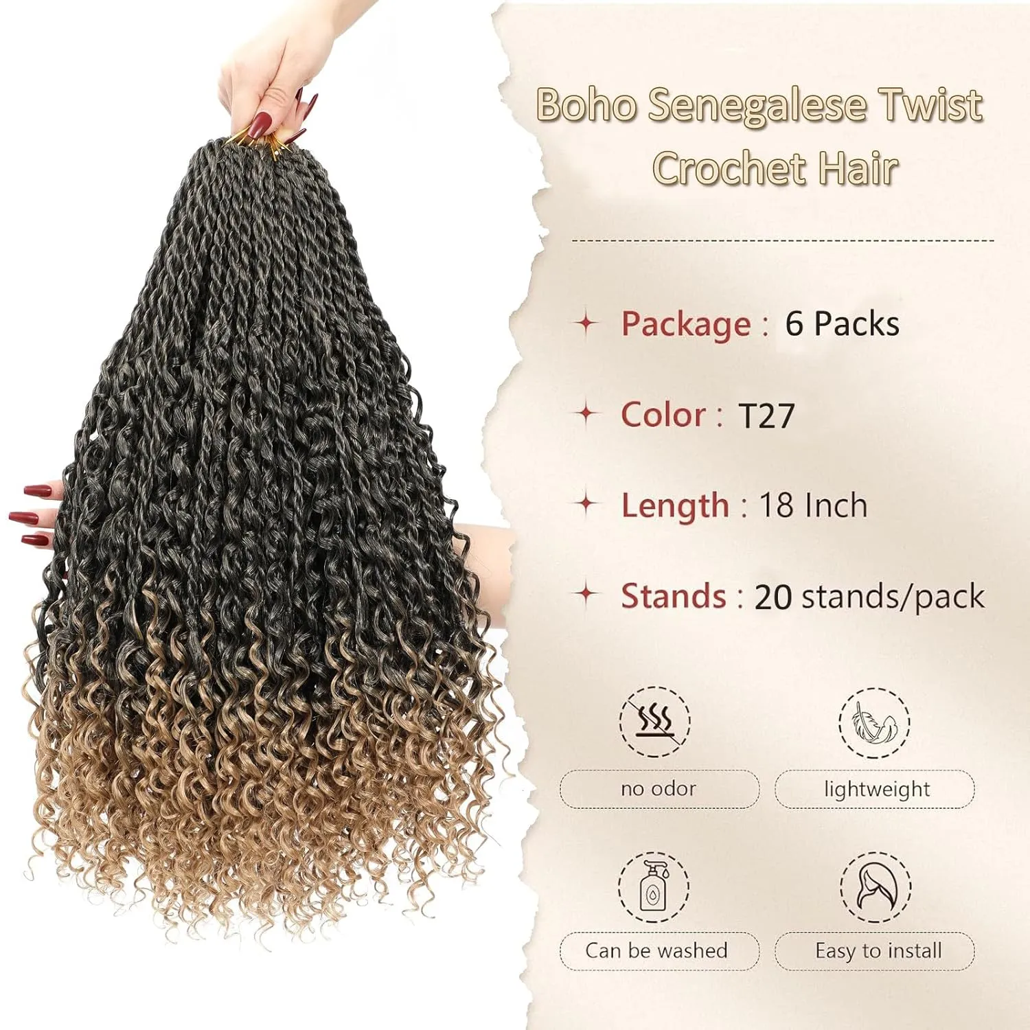 Goddess Bohomian Twist Braids Crochet Hair With Curly Ends - 6 Packs Mini Twist Braids Ombre Black Brown Synthetic Braiding Hair Extension for Black Women (18inch, T27)