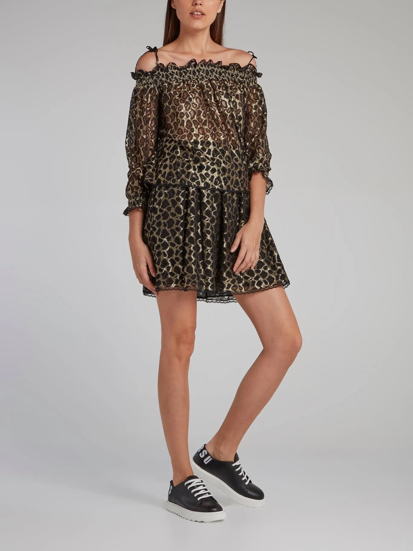 Gold Off-The-Shoulder Leopard Mesh Top