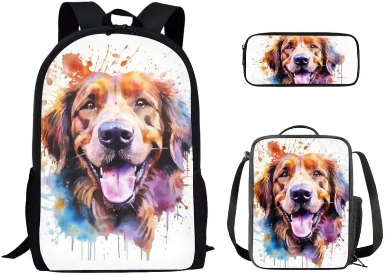 Golden Retriever Watercolor Painting Backpack and Lunch Bag Kids Cute Dog Hand Drawing School Bag Pack and Pencil Case for Teens Students Boys Girls School Sport Travel