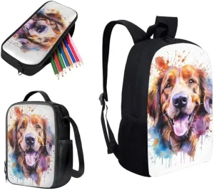 Golden Retriever Watercolor Painting Backpack and Lunch Bag Kids Cute Dog Hand Drawing School Bag Pack and Pencil Case for Teens Students Boys Girls School Sport Travel