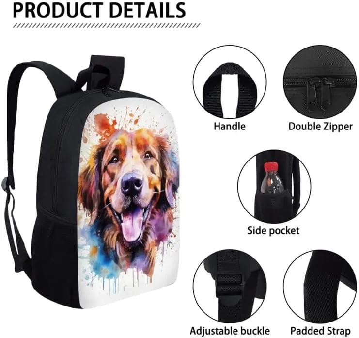 Golden Retriever Watercolor Painting Backpack and Lunch Bag Kids Cute Dog Hand Drawing School Bag Pack and Pencil Case for Teens Students Boys Girls School Sport Travel