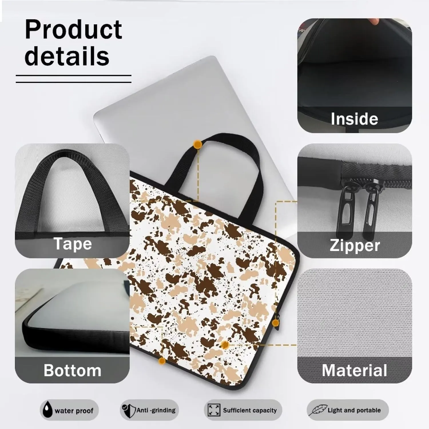 Gomyblomy Brown Cow Print Universal Laptop Bag, Fashionable Large Capacity Computer Handbag, Professional Business Work Briefcase, Suitable for 10 Inch Laptop