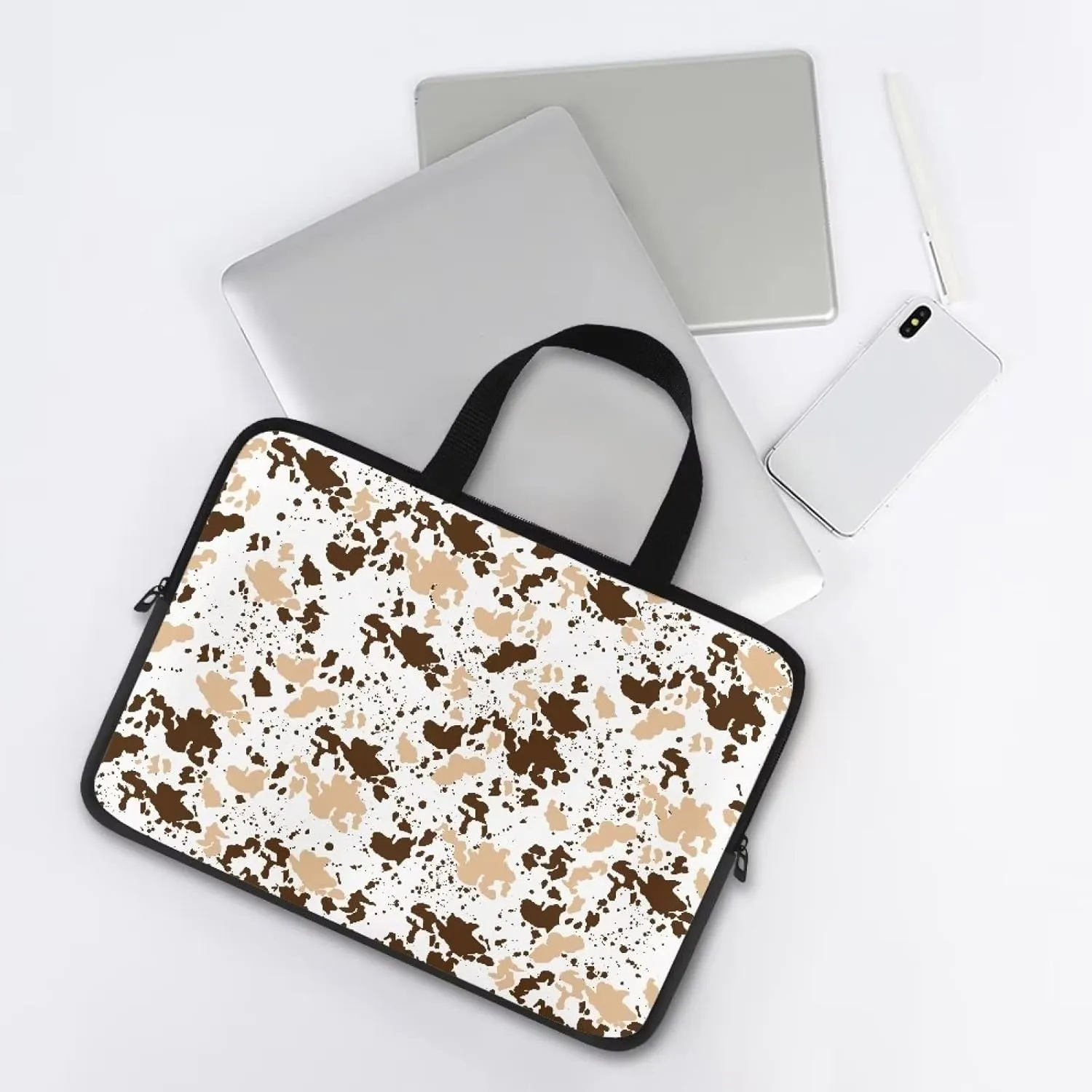 Gomyblomy Brown Cow Print Universal Laptop Bag, Fashionable Large Capacity Computer Handbag, Professional Business Work Briefcase, Suitable for 10 Inch Laptop