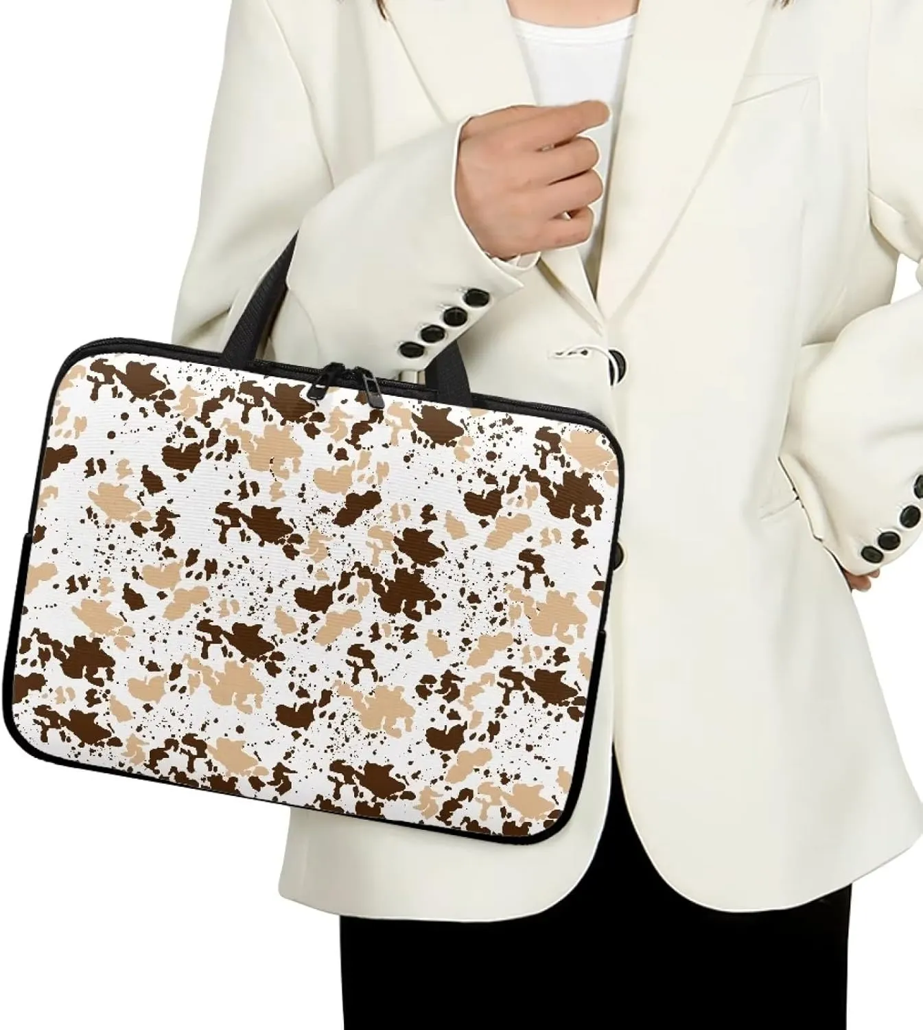 Gomyblomy Brown Cow Print Universal Laptop Bag, Fashionable Large Capacity Computer Handbag, Professional Business Work Briefcase, Suitable for 10 Inch Laptop