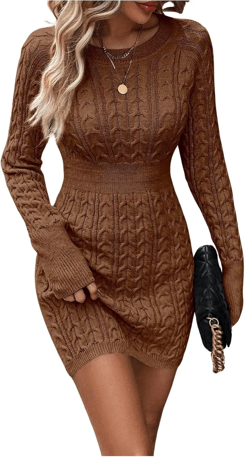 GORGLITTER Women's Cable Knit Sweater Dress Long Sleeve Knit Winter Dresses Crewneck Mini Pencil Dresses
