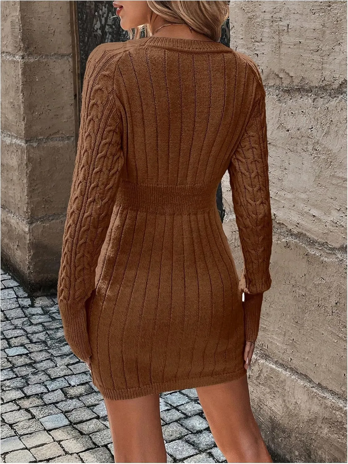 GORGLITTER Women's Cable Knit Sweater Dress Long Sleeve Knit Winter Dresses Crewneck Mini Pencil Dresses
