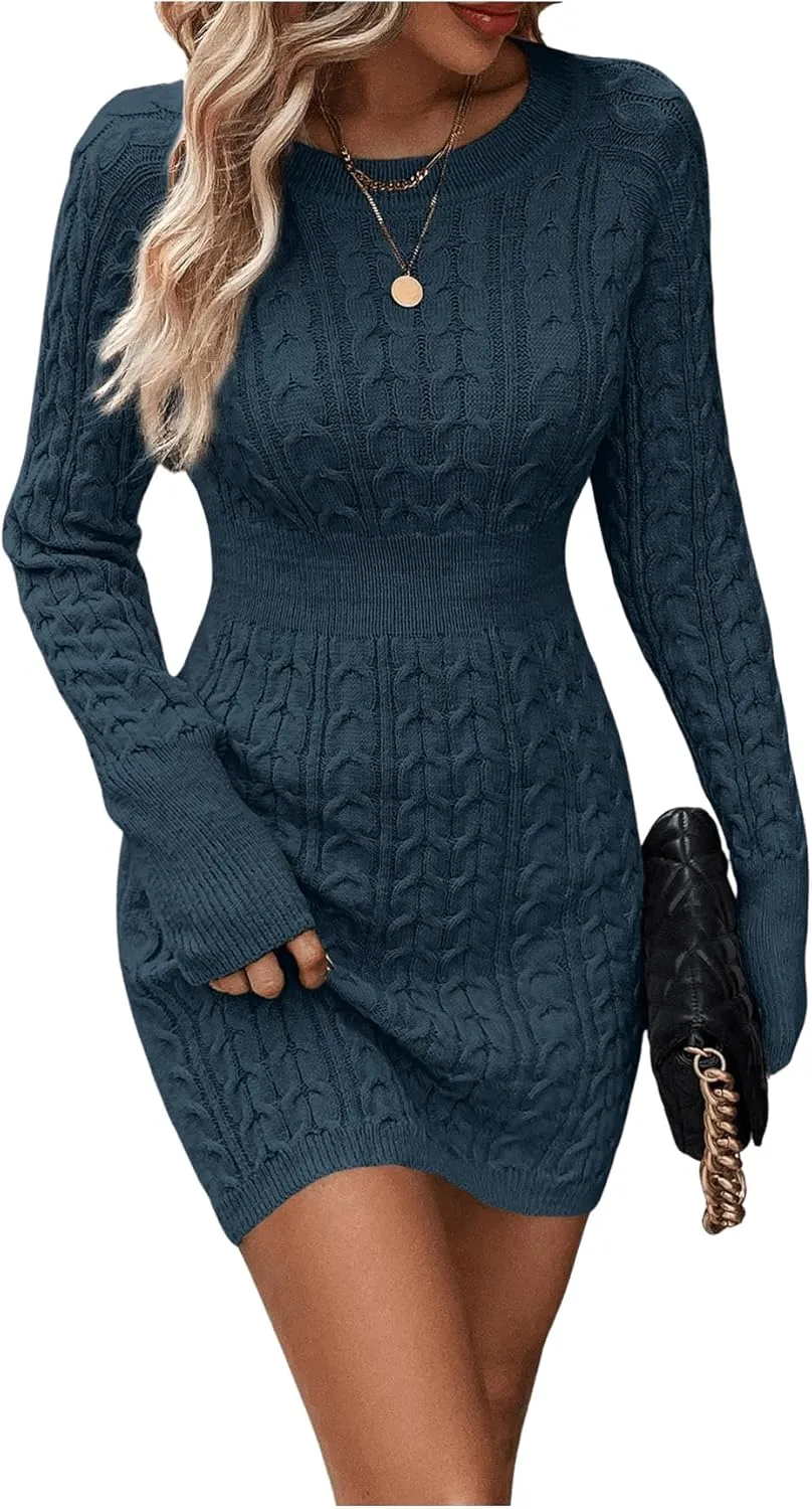 GORGLITTER Women's Cable Knit Sweater Dress Long Sleeve Knit Winter Dresses Crewneck Mini Pencil Dresses
