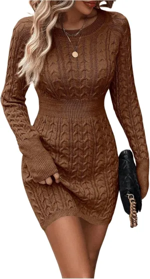 GORGLITTER Women's Cable Knit Sweater Dress Long Sleeve Knit Winter Dresses Crewneck Mini Pencil Dresses