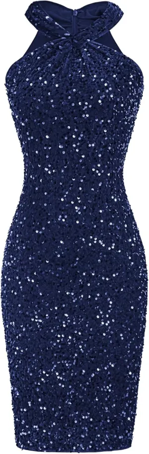 GRACE KARIN Sequin Dress for Women Sleeveless Sparkly Glitter Halter Dress Bodycon Mini Club Dresses 2025