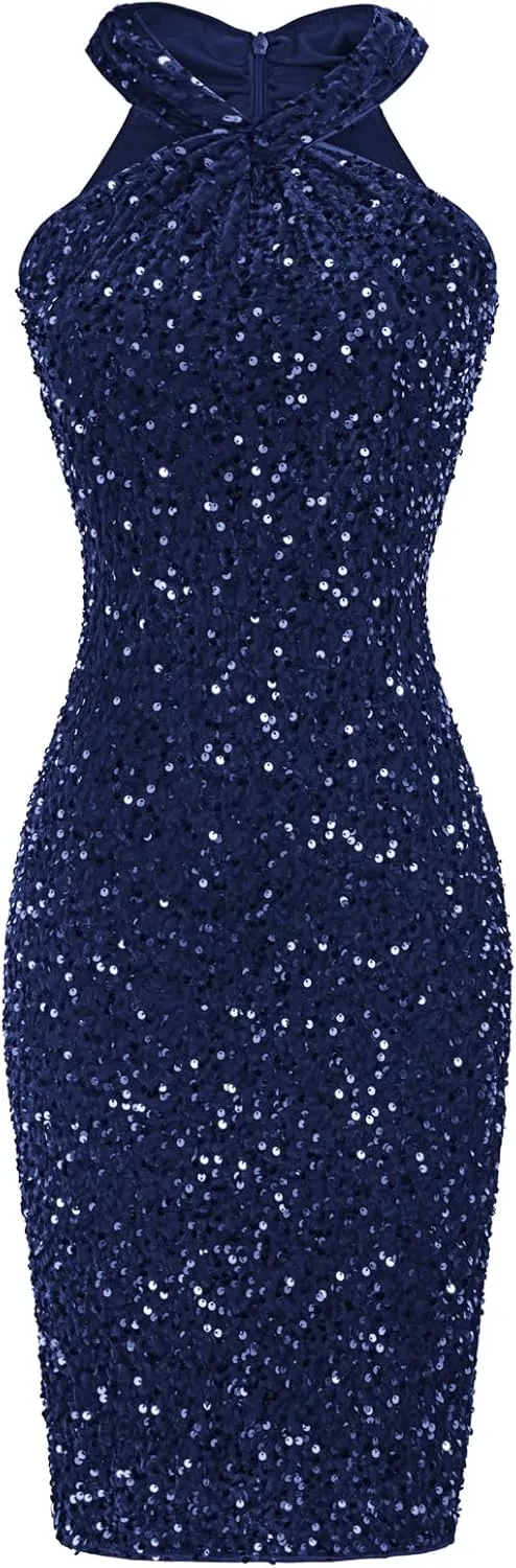 GRACE KARIN Sequin Dress for Women Sleeveless Sparkly Glitter Halter Dress Bodycon Mini Club Dresses 2025