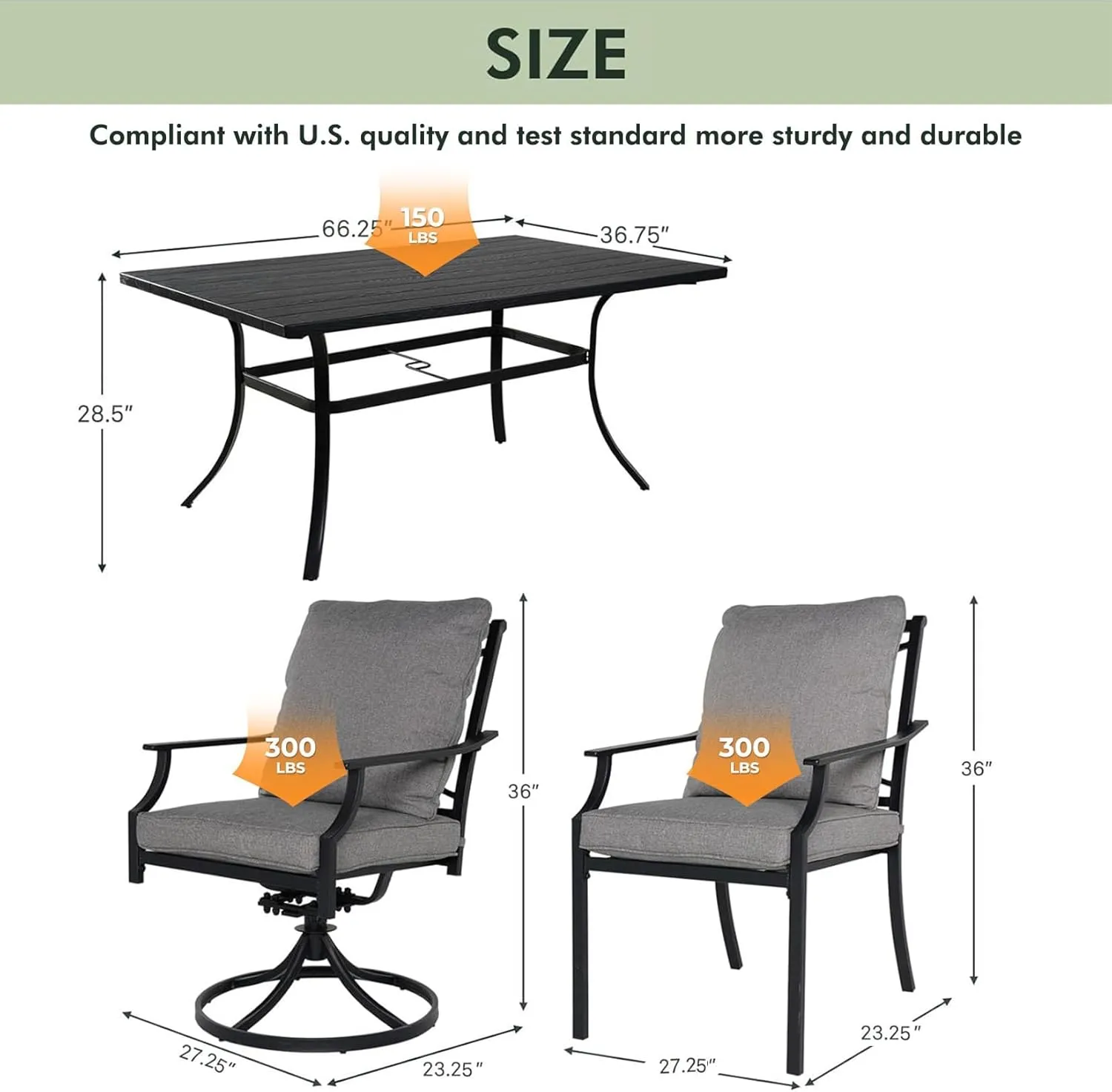 Grand patio 7-Piece Outdoor Dining Set for 6 E-Coated Patio Dining Furniture Set for 6 Patio Swivel Dining Chairs with Olefin Cushions 1 Rectangular Dining Faux Woodgrain Table with Umbrella Hole Grey