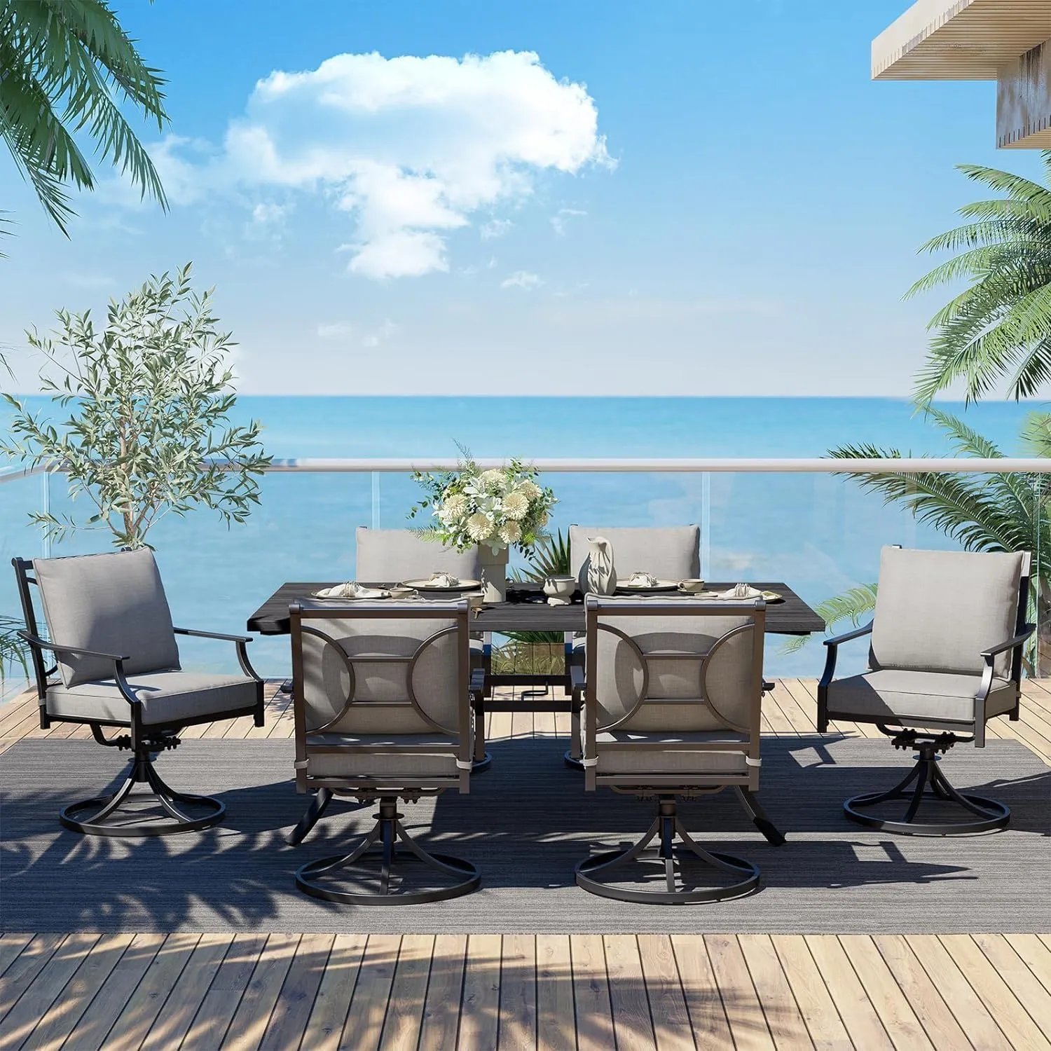 Grand patio 7-Piece Outdoor Dining Set for 6 E-Coated Patio Dining Furniture Set for 6 Patio Swivel Dining Chairs with Olefin Cushions 1 Rectangular Dining Faux Woodgrain Table with Umbrella Hole Grey