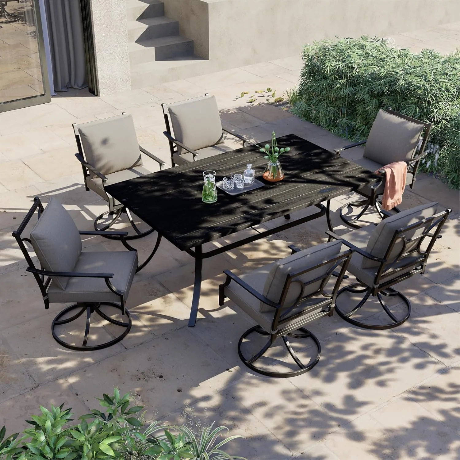 Grand patio 7-Piece Outdoor Dining Set for 6 E-Coated Patio Dining Furniture Set for 6 Patio Swivel Dining Chairs with Olefin Cushions 1 Rectangular Dining Faux Woodgrain Table with Umbrella Hole Grey