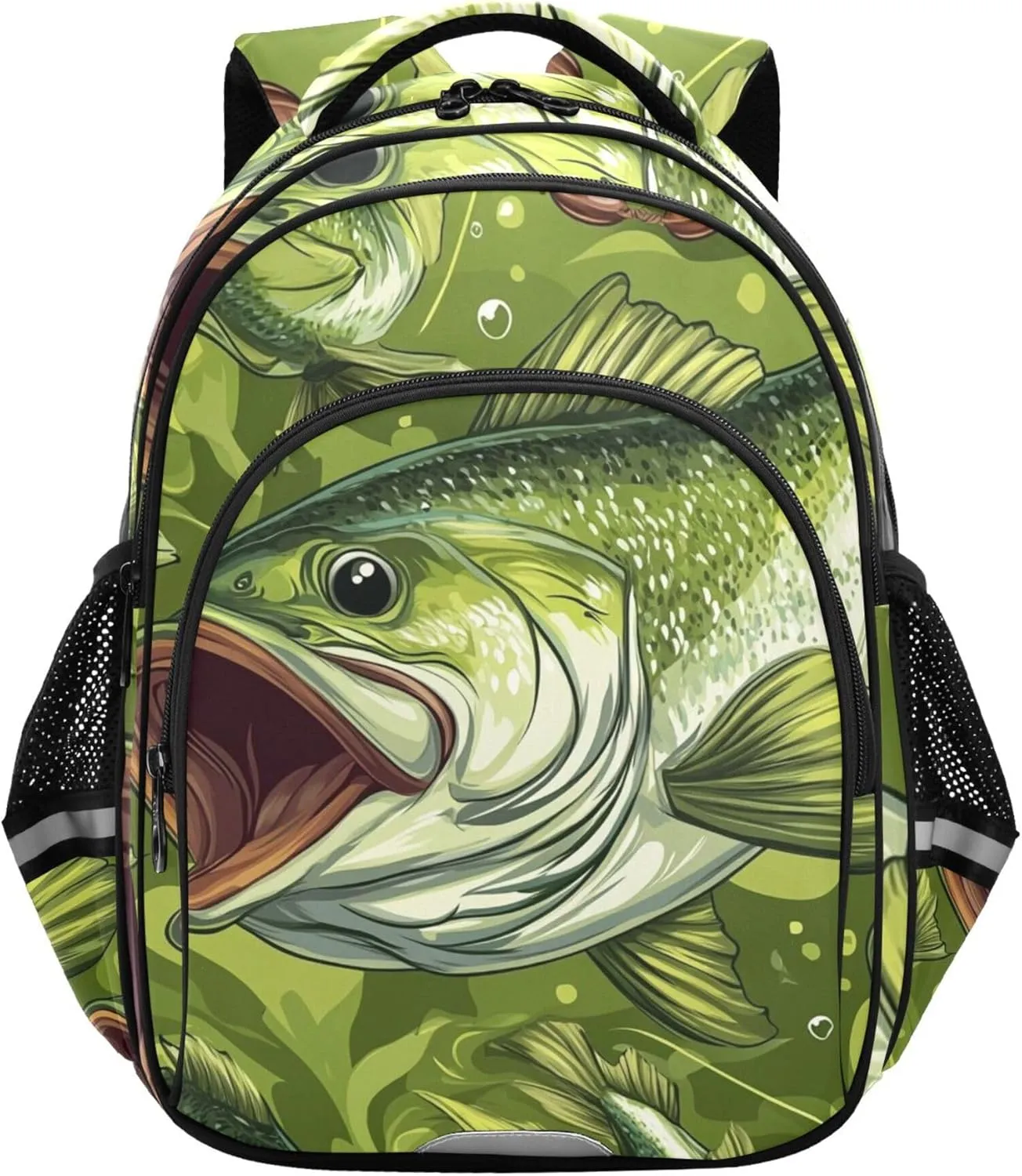 Green Bass Tuna Fish Backpack for School Book Bag Tablet Laptop Backpack Work Travel Bag with Reflective Stripes