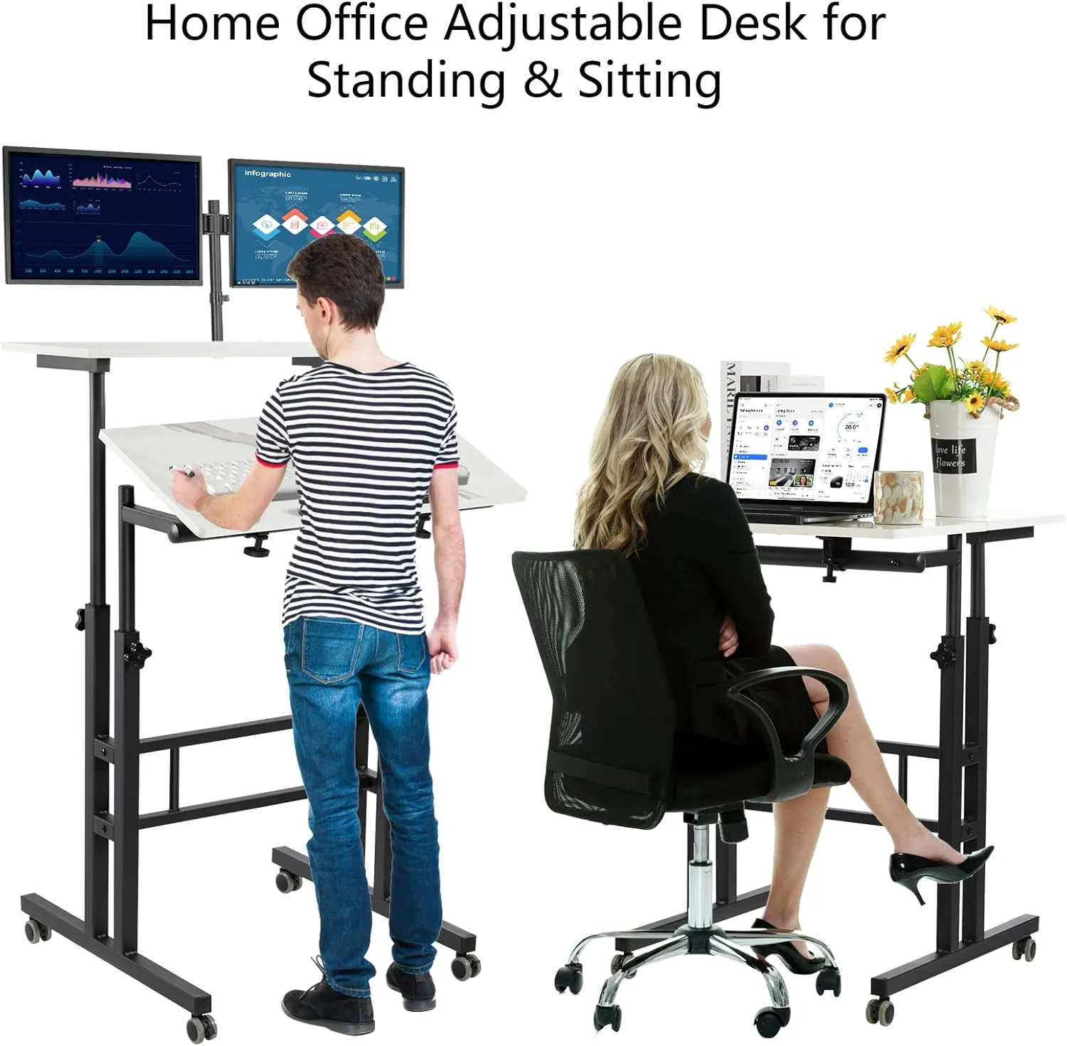 Hadulcet Adjustable Standing Desk, Mobile Standing Desk, Laptop Cart on Wheels, Rolling Computer Cart for Home Office, Rolling Table for Stand Up, Marble White