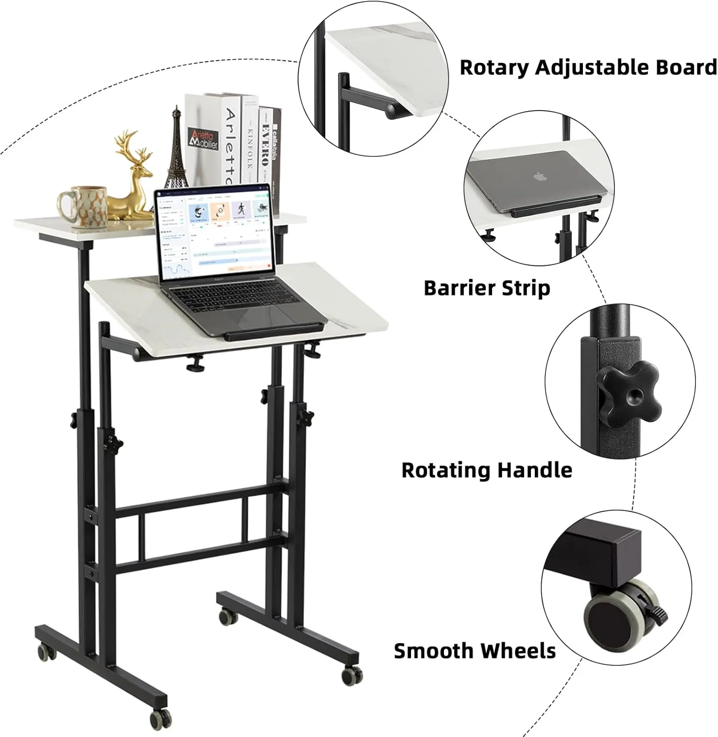 Hadulcet Adjustable Standing Desk, Mobile Standing Desk, Laptop Cart on Wheels, Rolling Computer Cart for Home Office, Rolling Table for Stand Up, Marble White