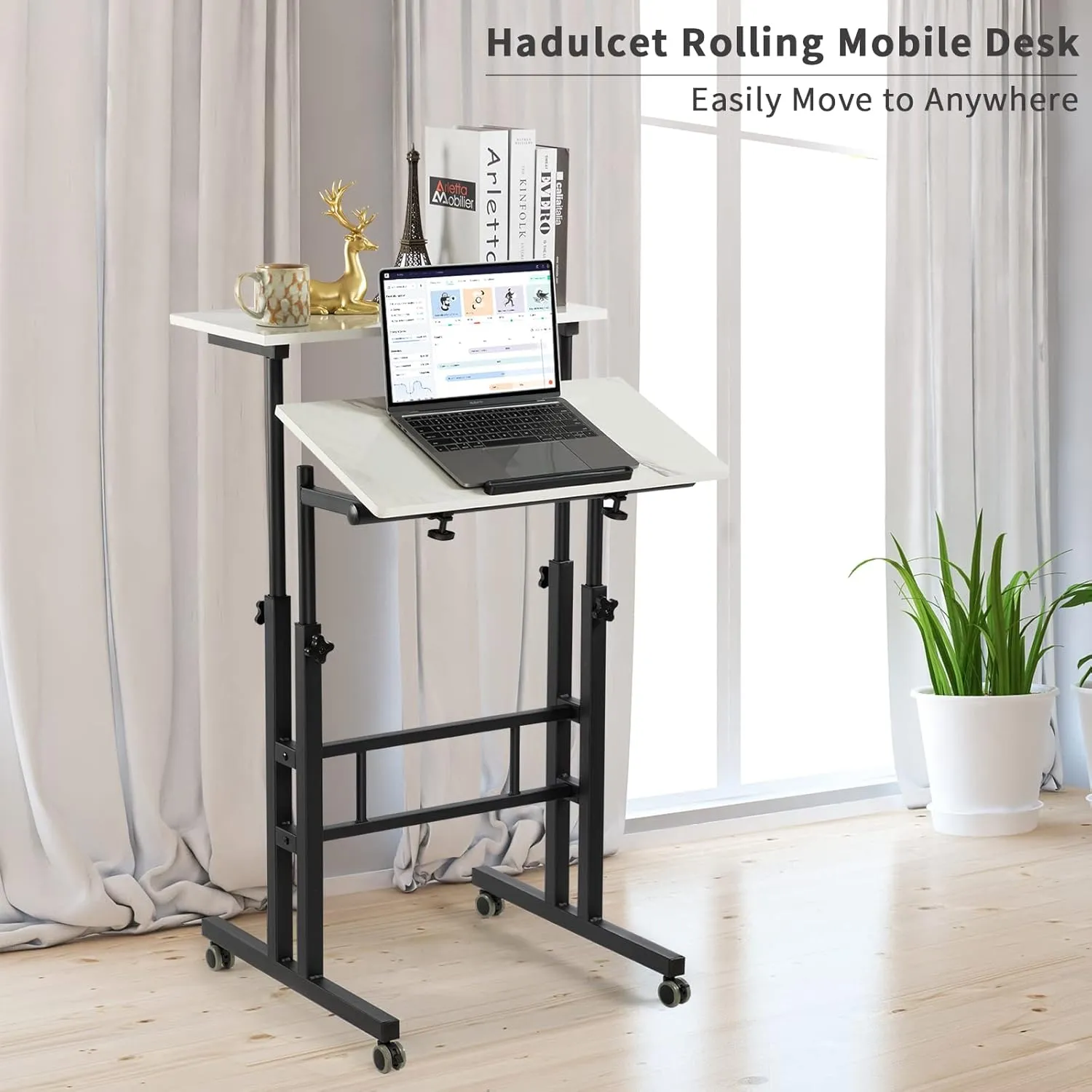 Hadulcet Adjustable Standing Desk, Mobile Standing Desk, Laptop Cart on Wheels, Rolling Computer Cart for Home Office, Rolling Table for Stand Up, Marble White