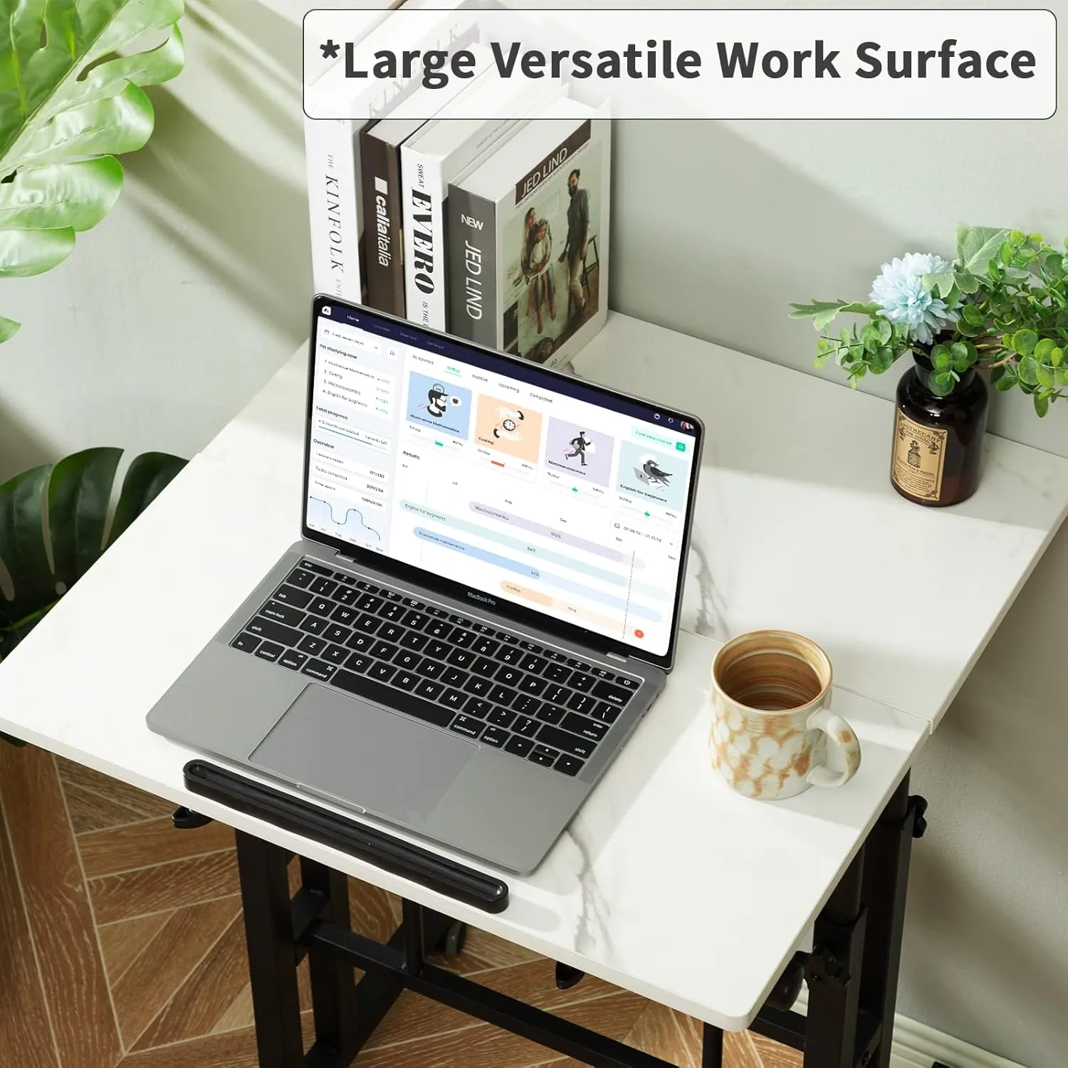 Hadulcet Adjustable Standing Desk, Mobile Standing Desk, Laptop Cart on Wheels, Rolling Computer Cart for Home Office, Rolling Table for Stand Up, Marble White