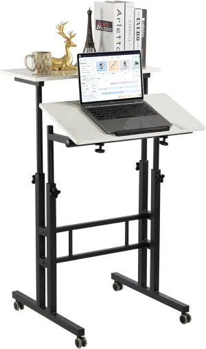 Hadulcet Adjustable Standing Desk, Mobile Standing Desk, Laptop Cart on Wheels, Rolling Computer Cart for Home Office, Rolling Table for Stand Up, Marble White