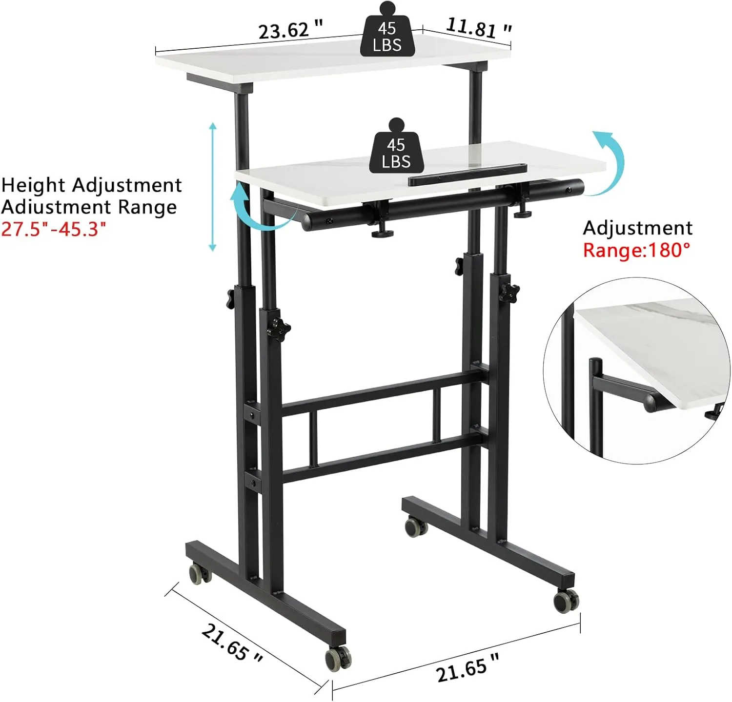 Hadulcet Adjustable Standing Desk, Mobile Standing Desk, Laptop Cart on Wheels, Rolling Computer Cart for Home Office, Rolling Table for Stand Up, Marble White