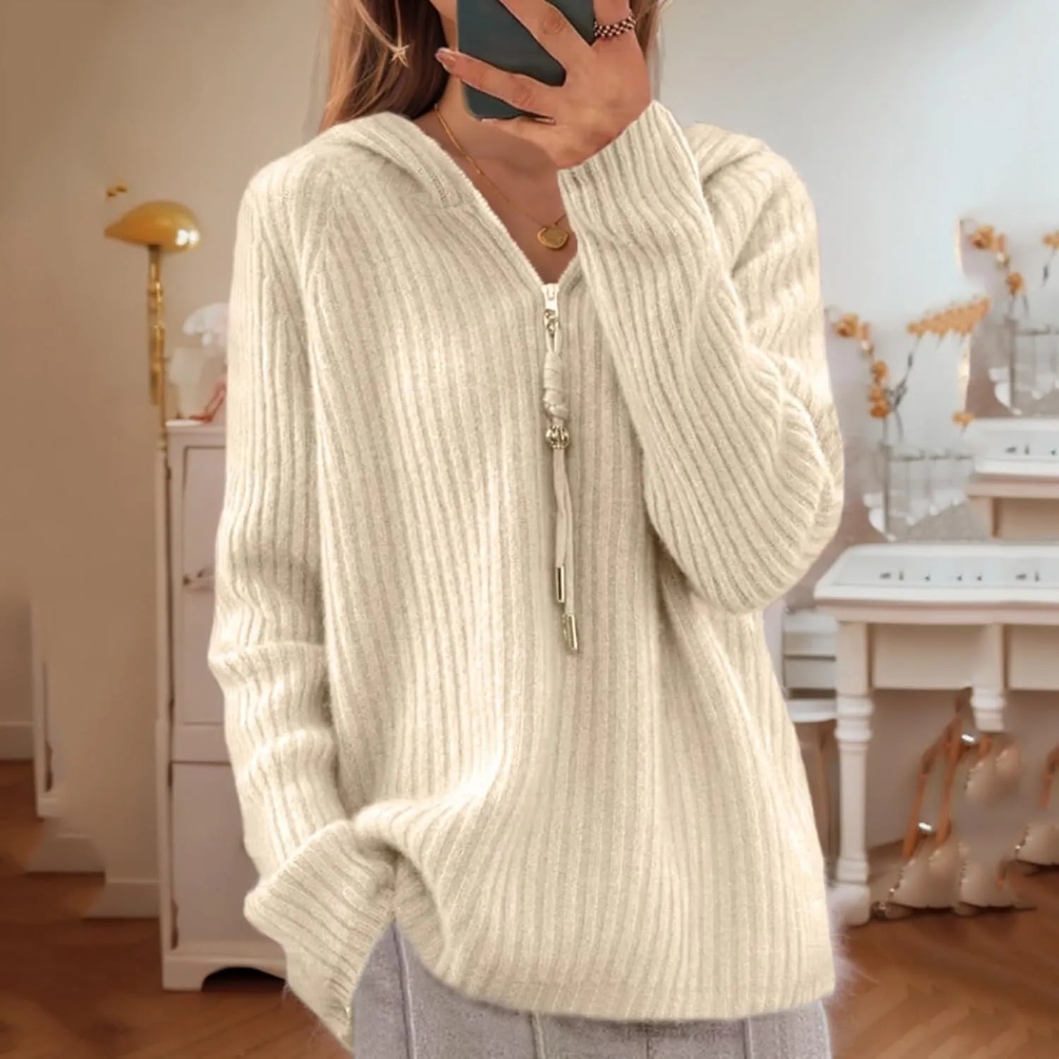 Half Zip Sweater for Women Fashion Winter Solid Drawstring Knit Blouse Striped Oversized Wide Hem Casual Outwear