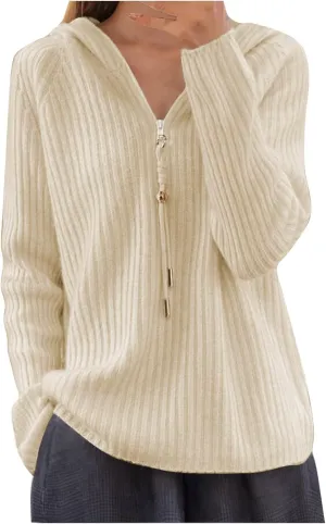 Half Zip Sweater for Women Fashion Winter Solid Drawstring Knit Blouse Striped Oversized Wide Hem Casual Outwear