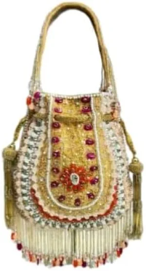 Handmade Beaded Potli Bag – Golden with Red Beads, Traditional Indian Wedding Purse with Tassels, Bridal Drawstring Handbag for Women