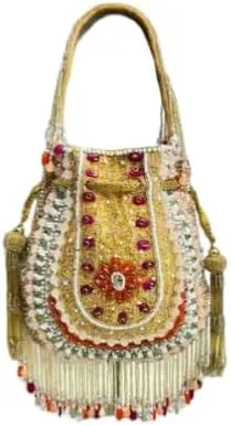 Handmade Beaded Potli Bag – Golden with Red Beads, Traditional Indian Wedding Purse with Tassels, Bridal Drawstring Handbag for Women