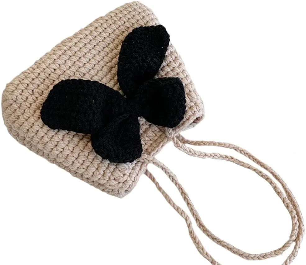 Handmade Knitted Cute Bow Handbag Shoulder Bag for Women Lace Crossbody Bag Wallet Bosom Friend Gifts (black 1)
