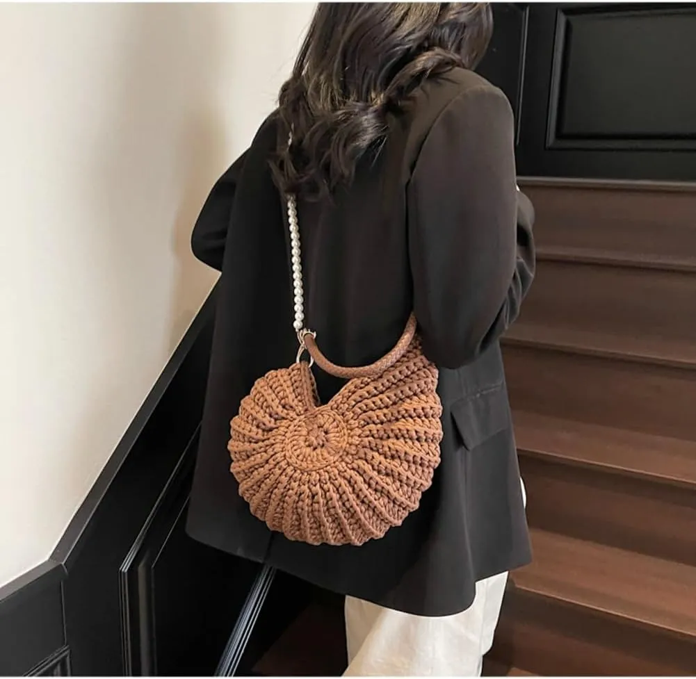Handwoven Seashell Hobo Bags Women Crochet Summer Beach Bag Boho Knitted Evening Clutch Purses Hobo Crossbody Shoulder Bag