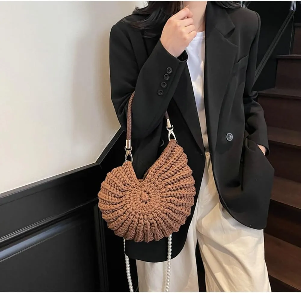 Handwoven Seashell Hobo Bags Women Crochet Summer Beach Bag Boho Knitted Evening Clutch Purses Hobo Crossbody Shoulder Bag