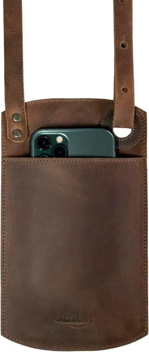 Heahter's, Horizontal Cellphone Bag with Adjustable Neck Strap and Card Slot, Crossbody Bag, Mini Messenger Bag, Full Grain Leather, Handmade, Bourbon Brown