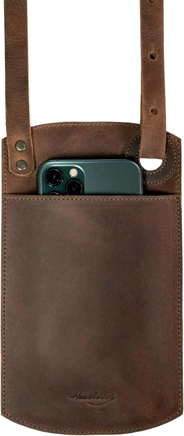 Heahter's, Horizontal Cellphone Bag with Adjustable Neck Strap and Card Slot, Crossbody Bag, Mini Messenger Bag, Full Grain Leather, Handmade, Bourbon Brown