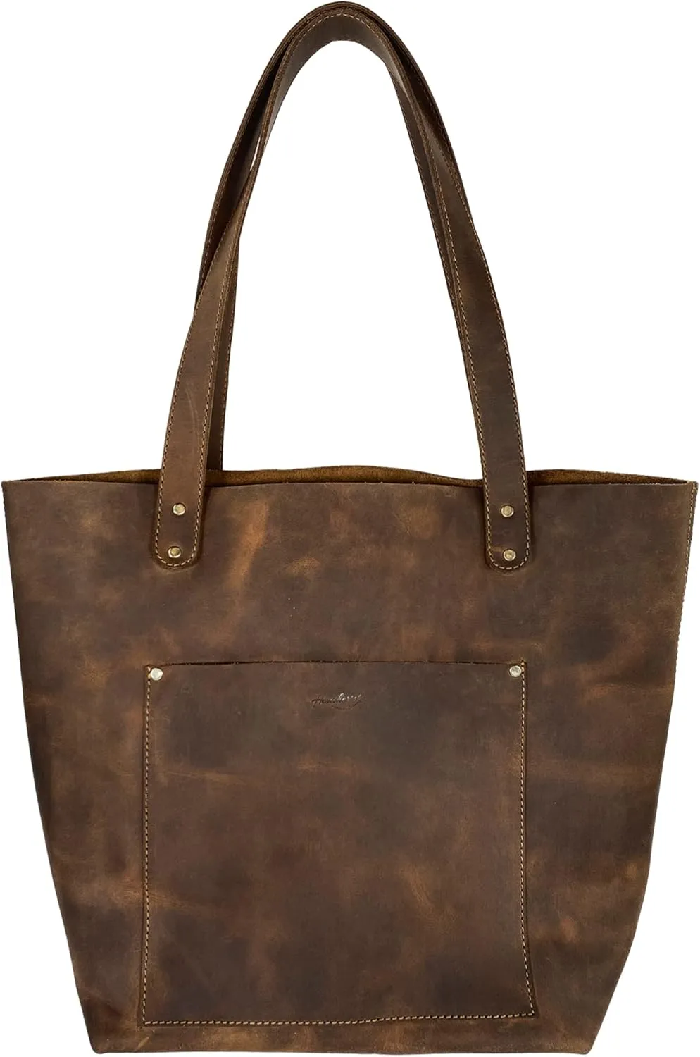 Heather's, Classic Tote Bag with Pouch, Top Handle Shoulder Bag for Women, Full Grain Leather, Handmade, Bourbon Brown