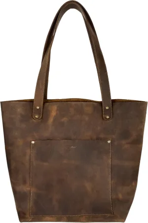 Heather's, Classic Tote Bag with Pouch, Top Handle Shoulder Bag for Women, Full Grain Leather, Handmade, Bourbon Brown
