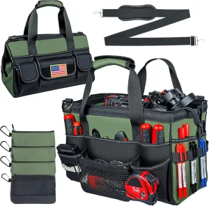Heavy Duty Tool Bag 16 Inch, 28-Pocket Portable Soft Tool Box Organizer Storage with 4 Detachable Tool Pouch Zipper Bag, Handle Tactical Carry Tote Empty Toolbox with Large Zipper, Gifts for Men Dad