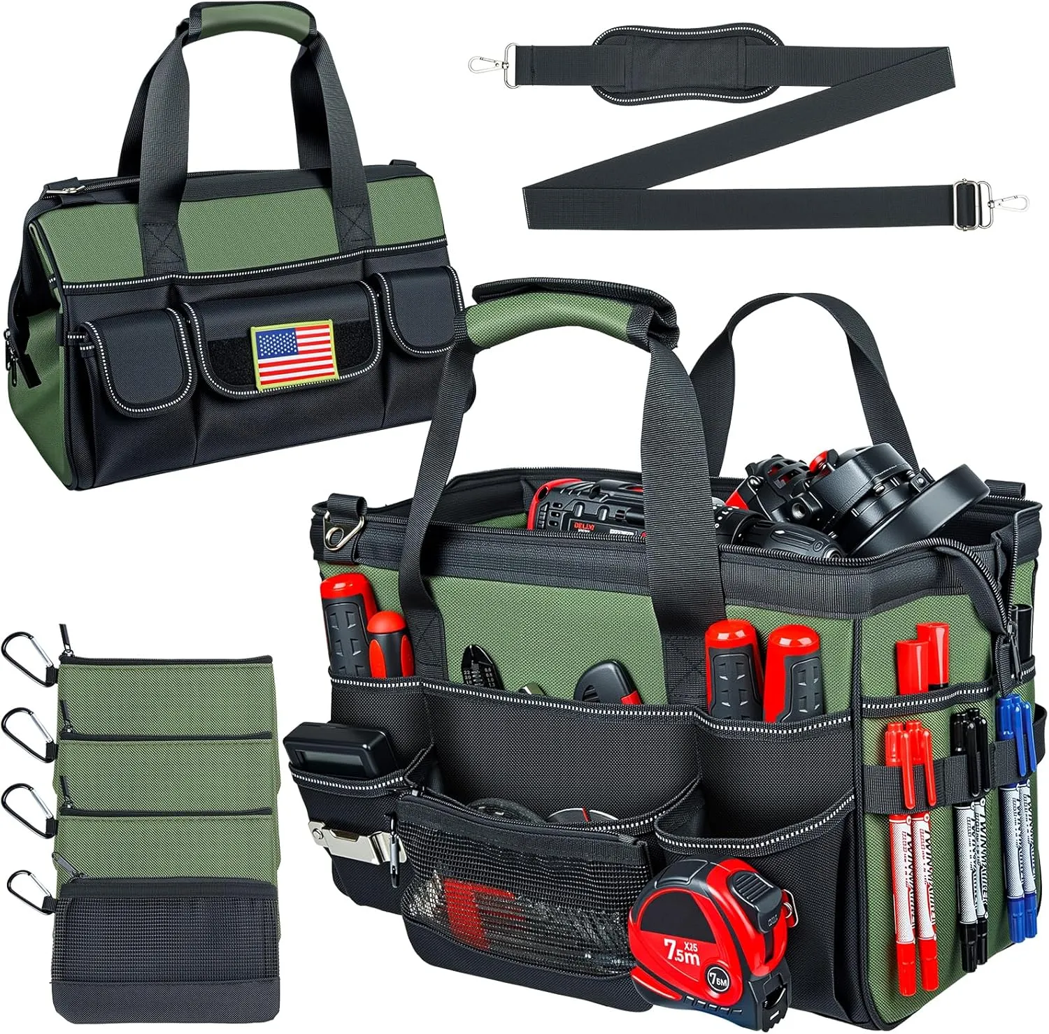 Heavy Duty Tool Bag 16 Inch, 28-Pocket Portable Soft Tool Box Organizer Storage with 4 Detachable Tool Pouch Zipper Bag, Handle Tactical Carry Tote Empty Toolbox with Large Zipper, Gifts for Men Dad