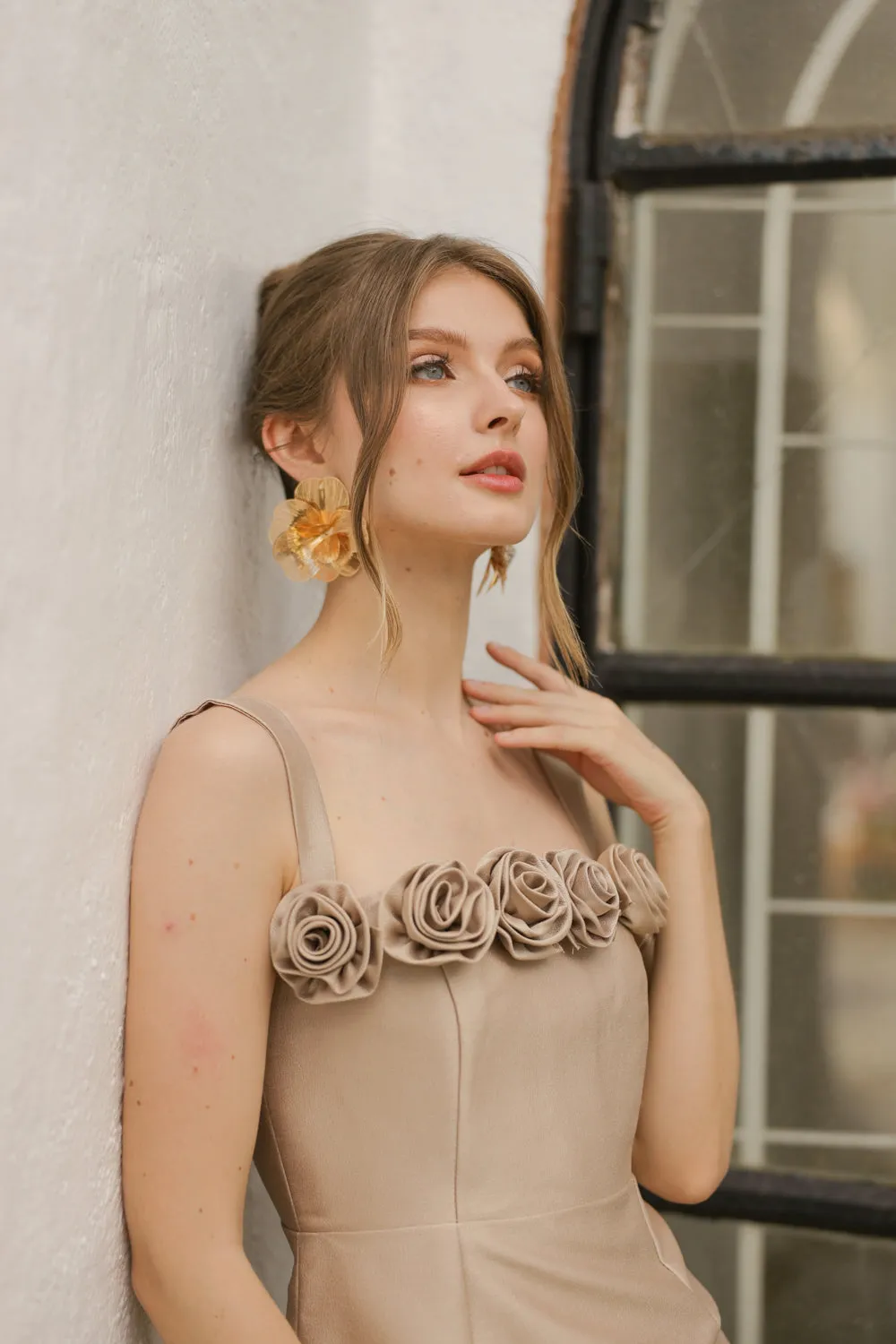 HELENE Strappy Straight Cut Gown with Flowers on Neckline (Tan Gazaar)