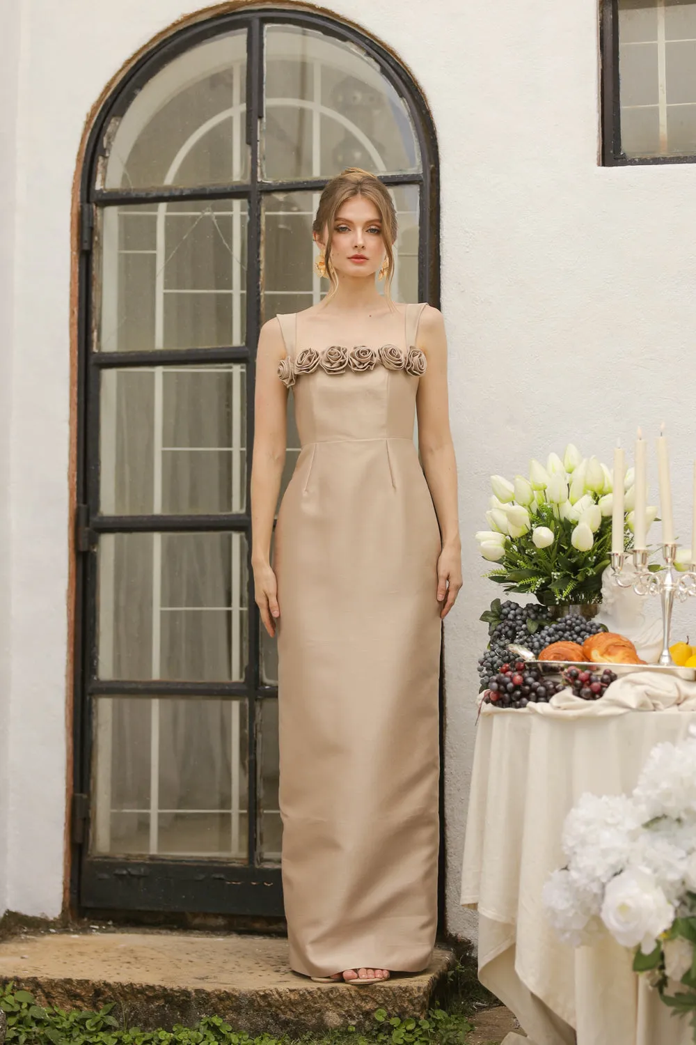 HELENE Strappy Straight Cut Gown with Flowers on Neckline (Tan Gazaar)