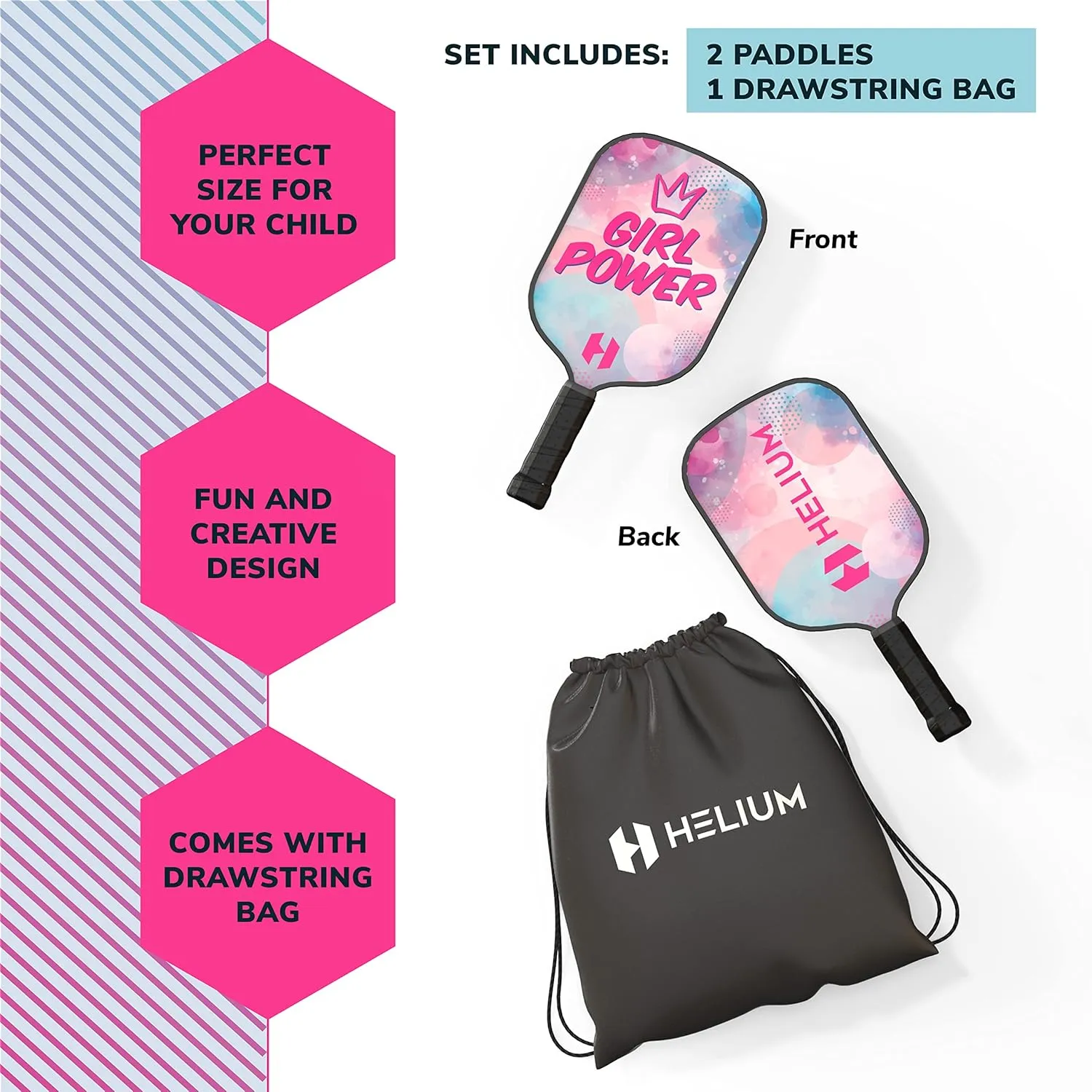 Helium Pickleball Paddle for Kids – Child Size for Children 12 and Under, Lightweight Honeycomb Core, Graphite Strike Face, Pickleball Paddle & Drawstring Bag - Girl Power