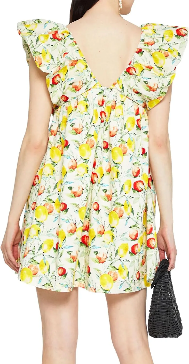 hibshaby Women's Floral Print Mini Dress V Neck Puff Sleeve Dress Short Babydoll Bow Dress