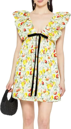 hibshaby Women's Floral Print Mini Dress V Neck Puff Sleeve Dress Short Babydoll Bow Dress
