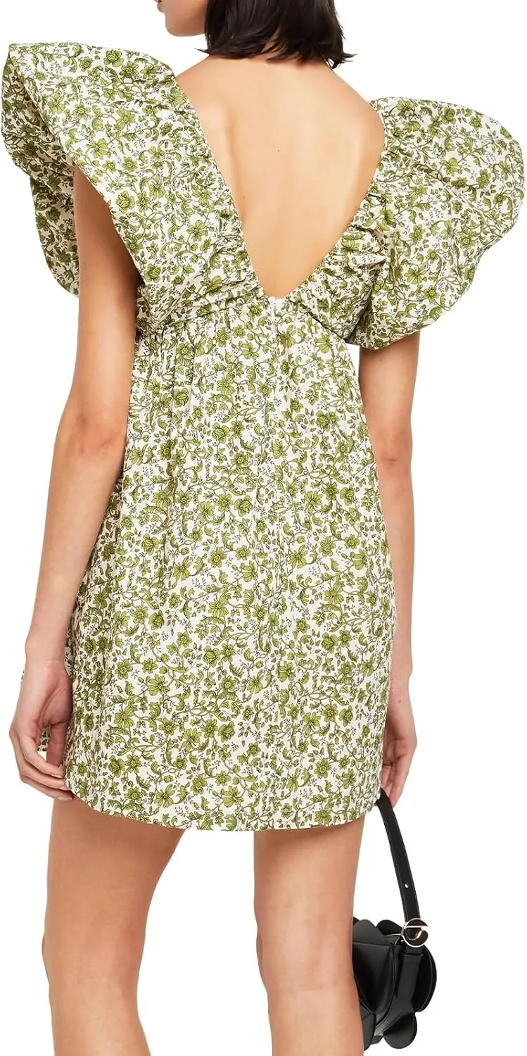 hibshaby Women's Floral Print Mini Dress V Neck Puff Sleeve Dress Short Babydoll Bow Dress