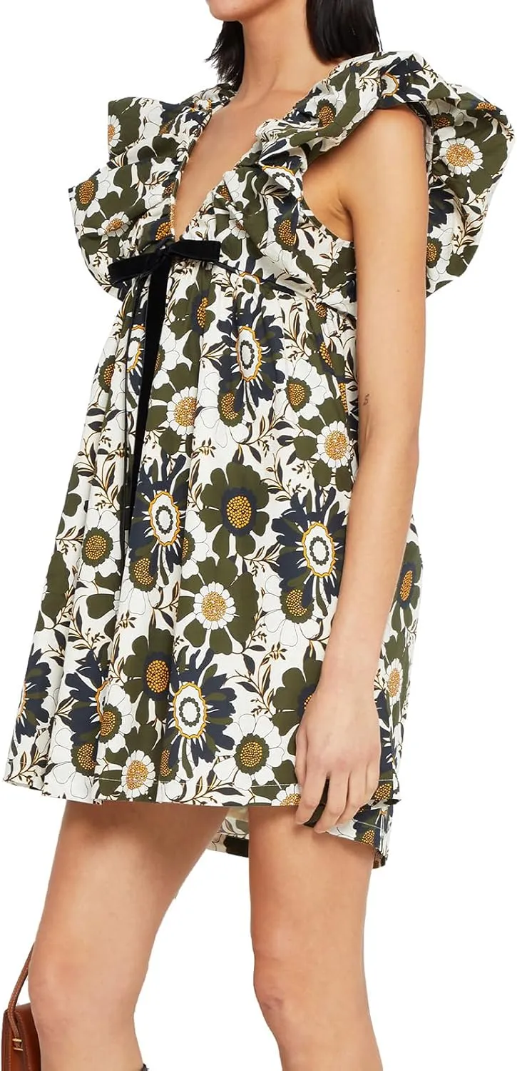 hibshaby Women's Floral Print Mini Dress V Neck Puff Sleeve Dress Short Babydoll Bow Dress