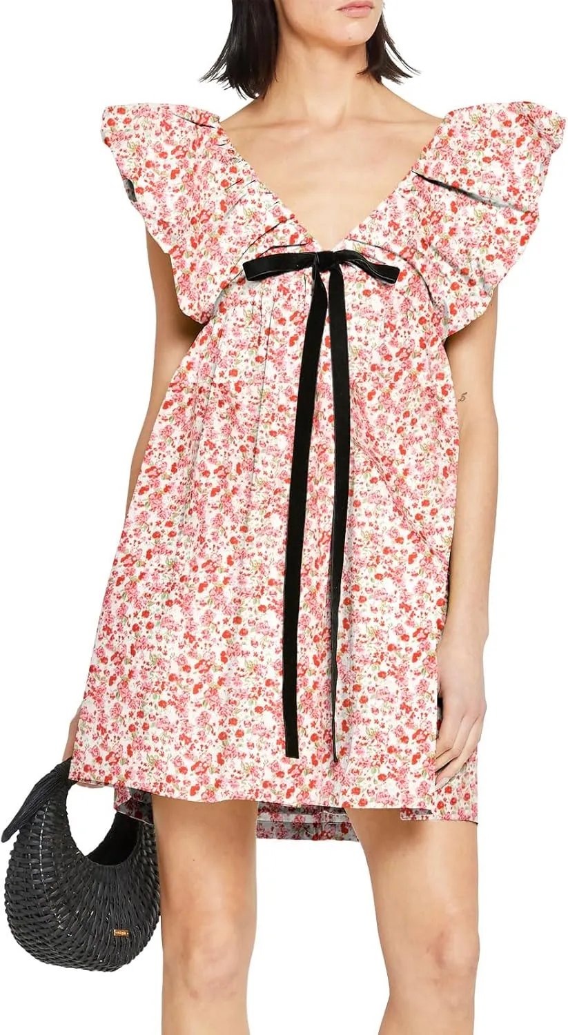 hibshaby Women's Floral Print Mini Dress V Neck Puff Sleeve Dress Short Babydoll Bow Dress