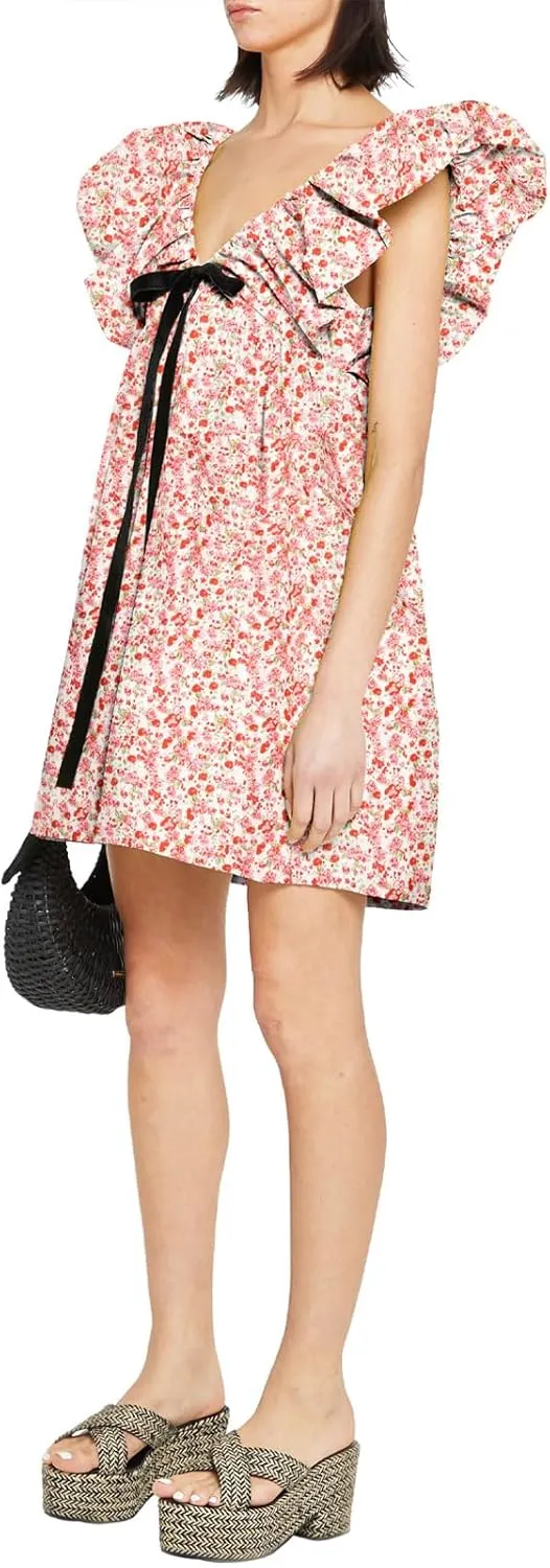 hibshaby Women's Floral Print Mini Dress V Neck Puff Sleeve Dress Short Babydoll Bow Dress