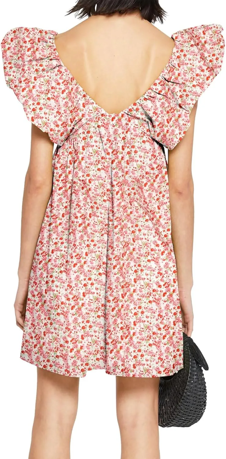 hibshaby Women's Floral Print Mini Dress V Neck Puff Sleeve Dress Short Babydoll Bow Dress